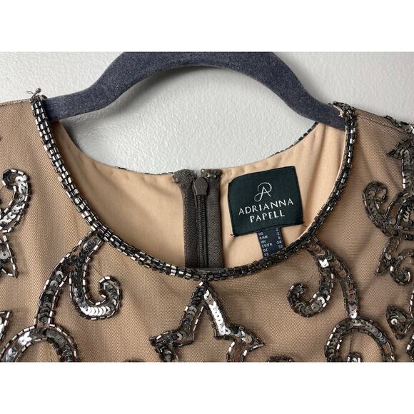 ADRIANNA PAPELL DRESS 2 SEQUIN BEADED MESH SHEER TAN NUDE SILVER MINI COCKTAIL - Picture 6 of 16